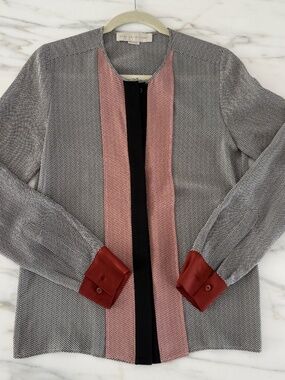 Stella McCartney Herringbone Colorblock Silk Jacket — Rose & Rust Trim — Size 4